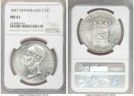 Willem II 2-1/2 Gulden 1847 MS61 NGC, Utrecht mint, KM69.2. Conservatively graded. Untoned cartwheel luster. 

HID09801242017

© 2020 Heritage Auc...