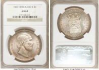 Willem III 2-1/2 Gulden 1869 MS63 NGC, Utrecht mint, KM82. Lustrous with apricot and gray toning, scratch in field behind head. 

HID09801242017

...