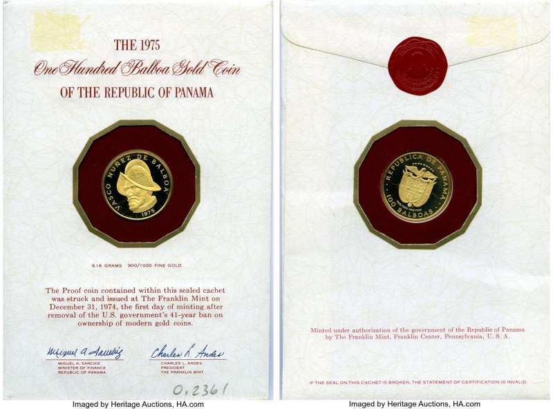 Republic gold Proof 100 Balboas 1975, Franklin mint, KM41. Comes in Franklin min...