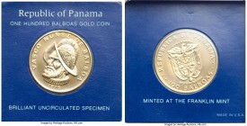 Republic gold "500th Anniversary of the Birth of Balboa" 100 Balboas 1975-FM UNC, Franklin mint, KM41. Contained in mint card holder. AGW 0.2361 oz. ...