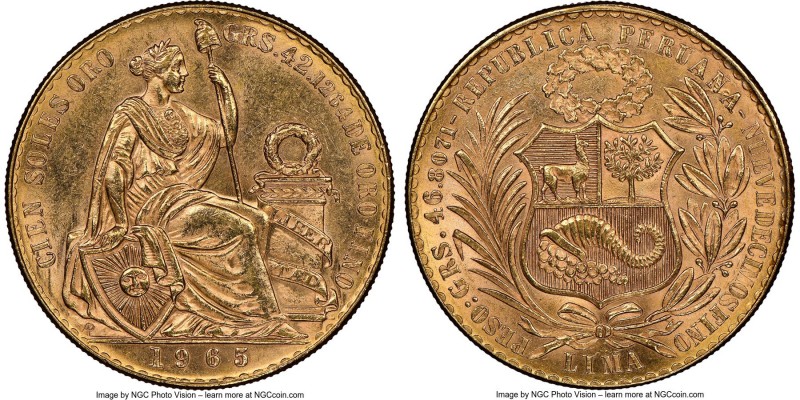 Republic gold 100 Soles 1965-LIMA MS63 NGC, Lima mint, KM231, Fr-78. AGW 1.3544 ...