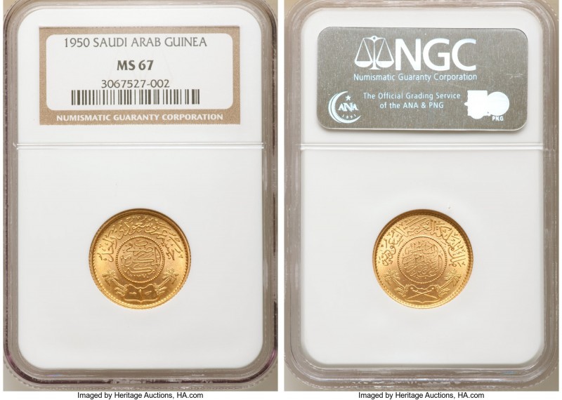 Abd al-Aziz bin Sa'ud gold Guinea (Pound) AH 1370 (1950) MS67 NGC, KM36, Fr-1. O...