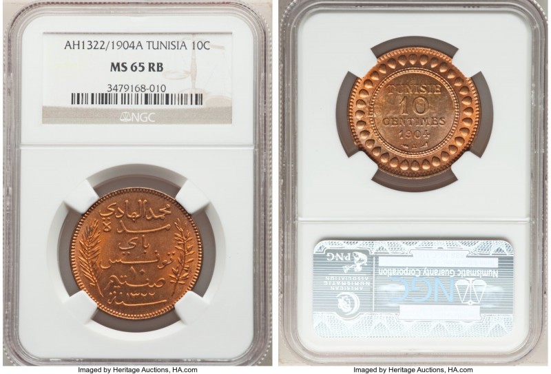 Muhammad al-Hadi 10 Centimes AH 1322 (1904)-A MS65 Red and Brown NGC, Paris mint...