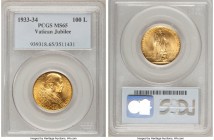 Pius XI gold "Jubilee" 100 Lire 1933-1934 MS65 PCGS, KM19. Fully brilliant Jubilee issue. AGW 0.2546 oz.

HID09801242017

© 2020 Heritage Auctions...