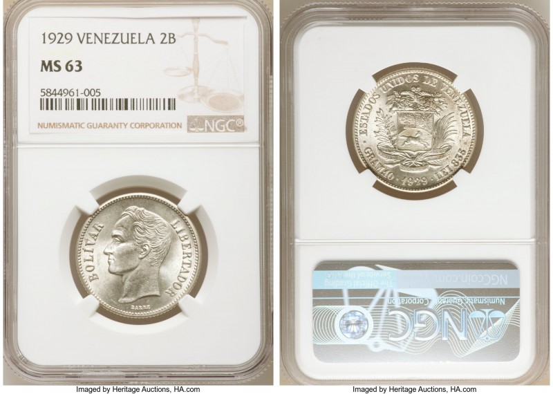 Republic 2 Bolivares 1929-(p) MS63 NGC, Philadelphia mint, KM-Y23. Untoned with ...