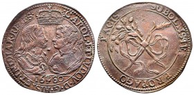 Pays-Bas méridionaux, Jeton Antwerpen (Anvers), Mariage de Charles II et Marie-Louise d''Orléans, CU 6,56 gr. 32,6 mm 1680 
Ref : Dugn.4430, TTB