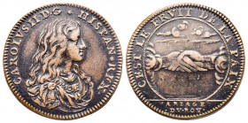 Pays-Bas méridionaux, Jeton Mariage de Charles II et Marie-Louise d''Orléans, CU 6,56 gr. 27,6 mm 1680 
Ref : Dugn.4431, TTB. Rare