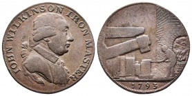 Token de 1/2 penny , 1793, CU 10,58 gr 29,3 mm John Wilkinson maitre de forges 
Avers : portrait John Wilkinson Iron Master 
Revers : un homme au trav...