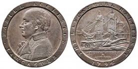 Token de 1/2 penny , 1794, CU 10,11 gr 29,1 mm 
Avers : DANIEL ECCLESTON LANCASTER 
Revers : THE LANCASHIRE MANUFACT
Ref : D&H 58
SUP