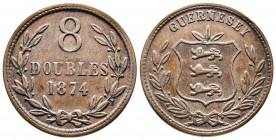 Token de 8 doubles , 1874 Guernesey , CU 9,12 gr 31,5 mm 
Avers : 8 DOUBLES 1874 
Revers Blason de GUERNESEY
Ref : KM#7
TTB+