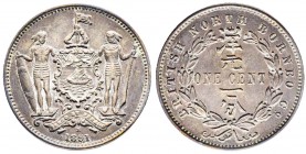 Token de 1 cent , 1891, Heaton , Nord Borneo Compagnie anglaise, CU 9,15 gr 29,3 mm 
Avers: Deux guerriers malaisiens tenant un écu, au-dessous devise...