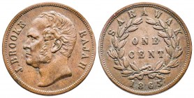 Token de 1 cent , Sarawak Rajah James Brooke ,Birmingham , 1863, CU 9,66 gr 29,2 mm 
Avers RAJAH BROOKE
Revers : ONE CENT
Ref : KM.19/3
TTB/SUP