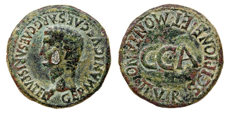 CAESARAUGUSTA. Dupondio. Calígula. A/ Cabeza laureada a izq.; GERMANICVS CAESAR ...