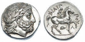 GRECIA ANTIGUA. MACEDONIA. Filipo II (emisiones póstumas). Anfípolis (323-315 a.C.). A/ Cabeza laureada de Zeus a der. R/ Joven a caballo a der. con p...