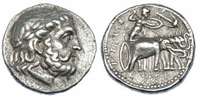 GRECIA ANTIGUA. REINO SELÉUCIDA. Seleuco I. Tetradracma (305-281 a.C.) A/ Cabeza laureada de Zeus a der. R/ Atenea con lanza y escudo en cuadriga de e...