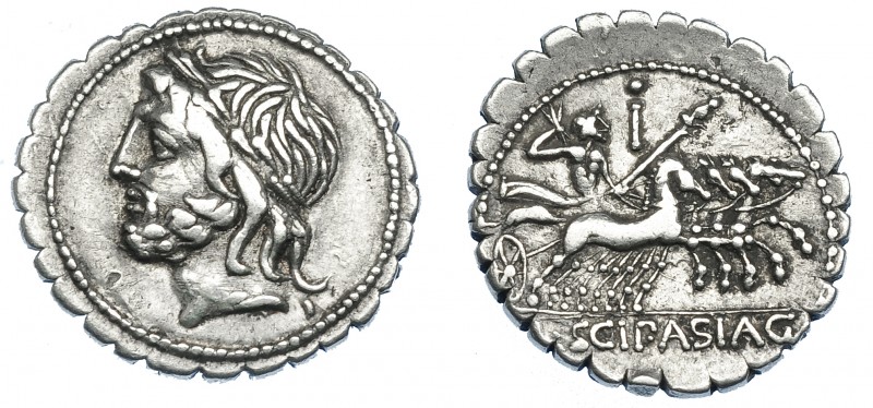 REPÚBLICA ROMANA. CORNELIA. Denario. Roma (106 a.C.). R/ Encima de la cuadriga l...