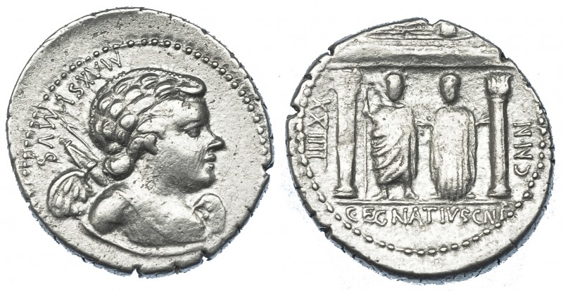 REPÚBLICA ROMANA. EGNATIA. Denario. Roma (75 a.C.). A/ Busto de Cupido a der. co...