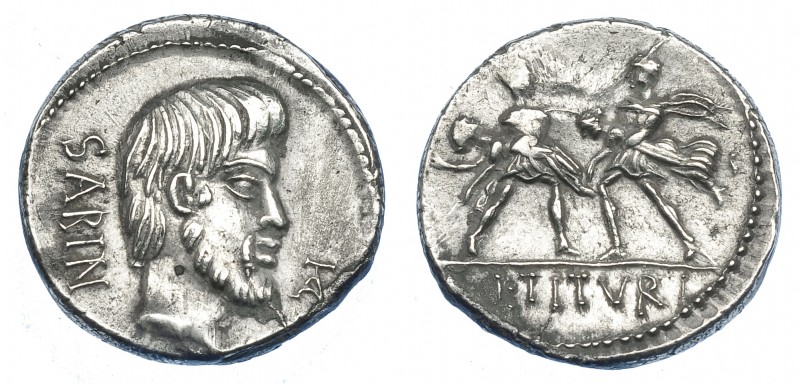 REPÚBLICA ROMANA. TITURIA. Denario. Roma (89 a.C.). A/ Monograma TA delante de l...