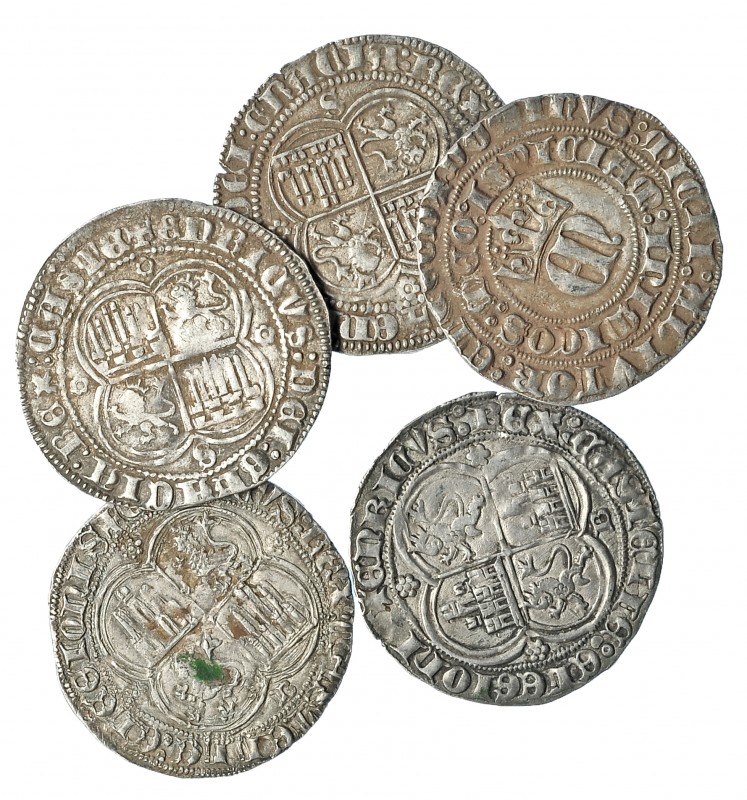 REINOS DE CASTILLA Y LEÓN. Lote de 5 monedas de 1 real de Enrique II: Burgos (3)...