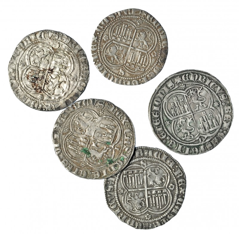 REINOS DE CASTILLA Y LEÓN. Lote de 5 monedas de 1 real de Enrique II: Burgos (2)...