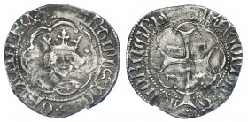 CORONA DE ARAGÓN. MARTÍN EL HUMANO (1396-1410). 1/2 real. Mallorca. Marca: bueyes en anv. y rev. AR 1,48 g. 20,2 mm. IV-520. Raya en rev. BC+. Muy esc...