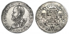 COLECCIÓN DE DUCATONES Y PATAGONES DE DOBLE PESO. FELIPE II. Doble escudo. 1575. Utrecht. A/ PHLS.D.G. HISP REX. DNS. TRAIEC. R/ DOMINUS MIHI ADIUTOR....