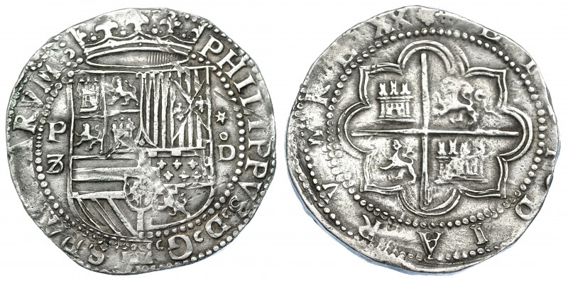 FELIPE II. 8 reales. S/F. Lima. A/ P-8 a izq. y *- Dº. AC-655. Rayas en anv. MBC...