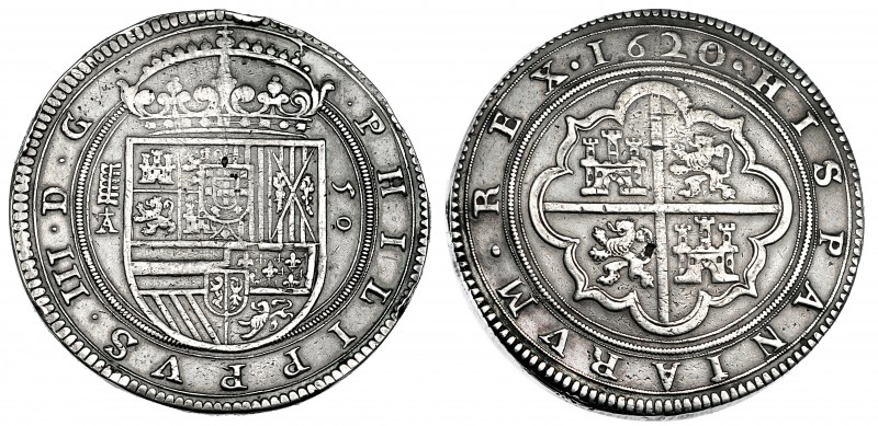 FELIPE III. 50 reales. 1620. Segovia. A superada de cruz. A/ PHILIPPUS III DG. R...