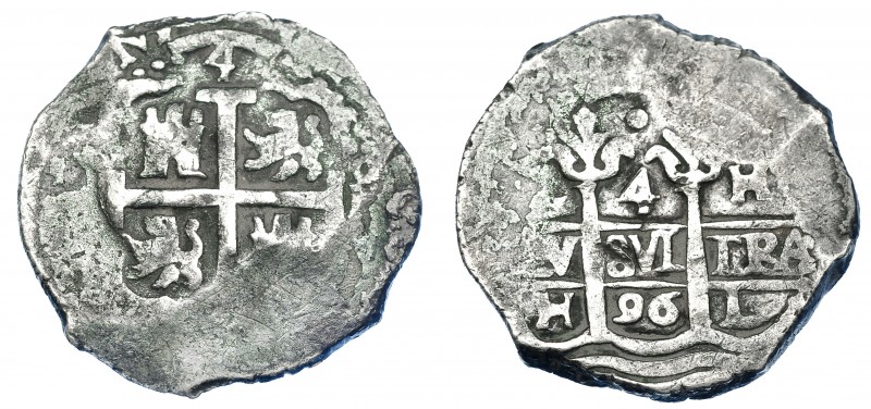 CARLOS II. 4 reales. 1696. Lima. H. AC-471. Vanos. BC+/MBC-. Muy escasa.