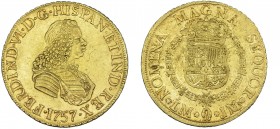 FERNANDO VI. 8 escudos. 1757. Lima. JM. VI-589. Pequeñas marcas. MBC+/MBC-.