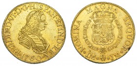 FERNANDO VI. 8 escudos. 1760. Lima. JL. VI-592. Pequeñas marcas. Golpecito en gráfila. MBC+/EBC-.