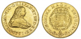 FERNANDO VI. 8 escudos. 1751. México. MF. VI-601. Pequeñas marcas. R.B.O. MBC+. Rara.
