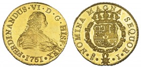 FERNANDO VI. 8 escudos. 1751. Santiago J. VI-632. Rayita en rev. Leva acuñación floja en parte del escudo.