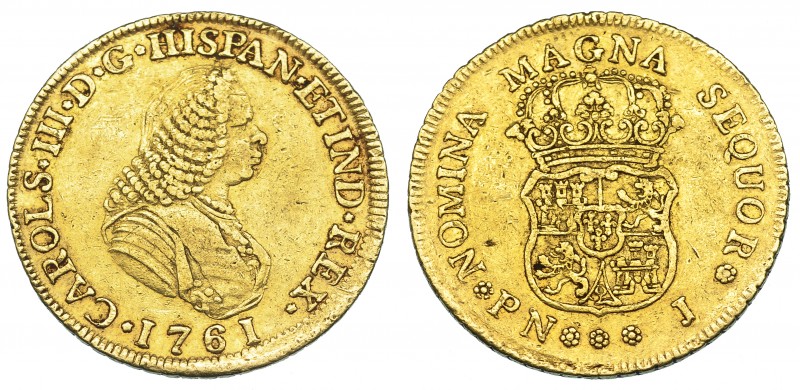 CARLOS III. 4 escudos. 1761. Popayán. J. VI-1516. Golpecitos en anv. y rev. MBC-...