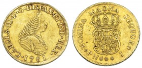 CARLOS III. 4 escudos. 1761. Popayán. J. VI-1516. Golpecitos en anv. y rev. MBC-. Rara.