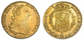 CARLOS III. 8 escudos. 1765. Lima. JM. VI-1587. Pequeñas marcas. Pátina irregular. MBC+. Rara.