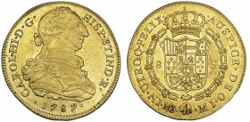 CARLOS III. 8 escudos. 1787. Lima. MI. VI-1614. Finas rayas en anv. B.O. MBC+/EBC-. Ex col. "Chicho" Ibáñez Serrador.