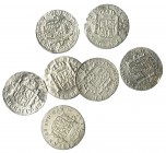 CARLOS IV. Lote de 7 monedas de 2 reales de Carlos IV: Lima (5) y México (2). 1795-1805. Con oxidaciones marinas. Una con pequeña rotura al borde. De ...