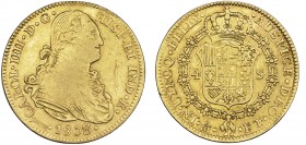 CARLOS IV. 4 escudos. 1803/2. México. FT. VI-1218 vte. Soldadura arreglada en el canto. Pequeñas marcas. BC+/MBC-. Rara. Ex col. "Chicho" Ibáñez Serra...