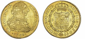 CARLOS IV. 8 escudos. 1789. Lima. IJ. VI-1295. Pequeñas marcas y rayitas de ajuste. MBC+/EBC-. Escasa.