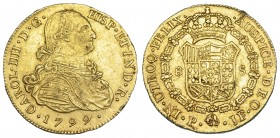 CARLOS IV. 8 escudos. 1799. Popayán. JF. VI-1379. golpe y grietas en gráfila y pequeñas marcas. MBC.
