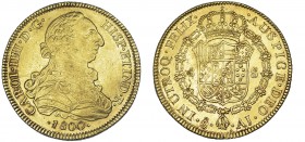 CARLOS IV. 8 escudos. 1800. Santiago. AJ. VI-1426. Pequeñas marcas de ajuste. MBC+. Escasa.