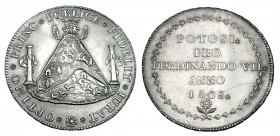 FERNANDO VII. Medalla de Proclamación. 1808. Potosí. AC. 39 mm. H-50. Fina raya. EBC. Escasa.