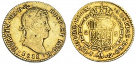 FERNANDO VII. 2 escudos. 1811. Cádiz. CI. VI-130A. Marca de ceca pequeña. Hojita en anv. MBC-. Escasa.