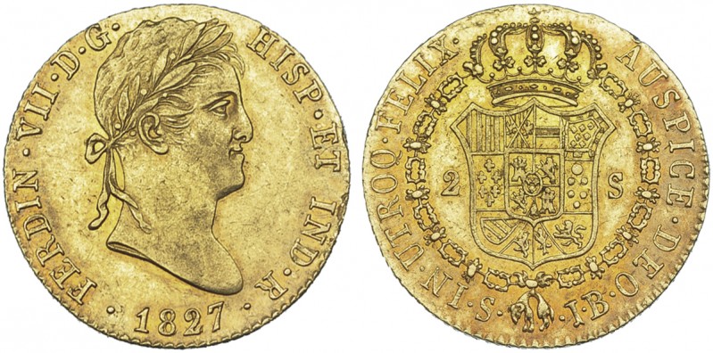 FERNANDO VII. 2 escudos. 1827. Sevilla. JB. VI-1396. Ligera pátina. B.O. EBC+/MB...