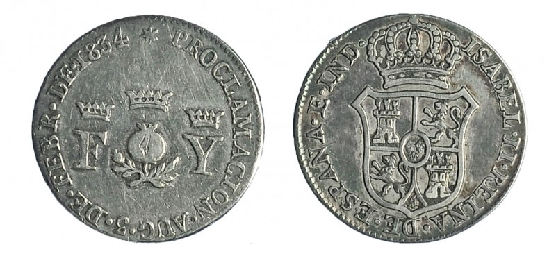 ISABEL II. Lote 2 Medallas de Proclamación. 1834. Granada. AR. 19 mm. MBC.