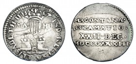 ISABEL II. Medalla de Proclamación. 1834. Mahón. AR 21 mm. H-25. Finas rayas. MBC. Escasa.