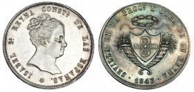 ISABEL II. Medalla Mayoría de edad. 1843. Sevilla. AR 41,8 g. 36,5 mm. H-16. Golpecito en gráfila. Muy escasa en esta conservación. EBC/EBC+.