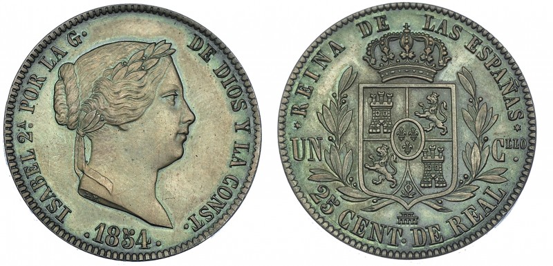 ISABEL II. 25 céntimos de real. 1854. Segovia. VI-145. SC. En estuche de madera....