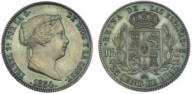 ISABEL II. 25 céntimos de real. 1854. Segovia. VI-145. SC. En estuche de madera. Rara en esta conservación.